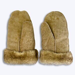 Real Shearling Sheepskin Suede Wool Fur Lined Mittens Women's L Tan USA Winter